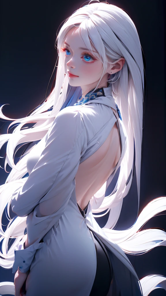 1 girl, medium light white hair, light blue eyes, wearing black suit , night city, absurdres , high res, ultrasharp, 8K, masterpiece, looking from behind