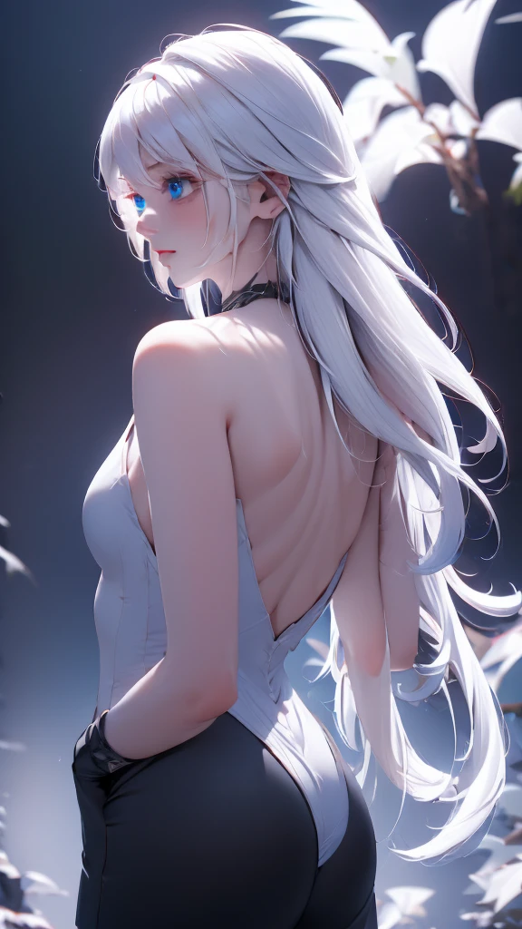 1 girl, medium light white hair, light blue eyes, wearing black suit , night city, absurdres , high res, ultrasharp, 8K, masterpiece, looking from behind