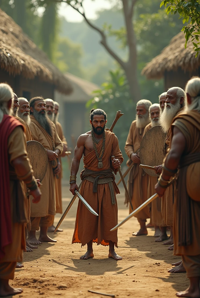 In Cinematic 3D style"Elderly villagers training Arjun in combat, with wooden swords and shield'
