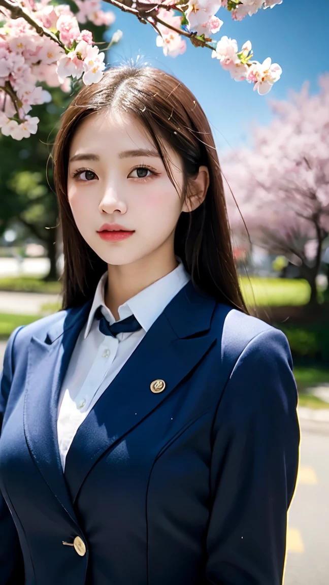 graduation ceremony、high school girl、uniform 、navy blue blazer、Cherry tree in full bloom、Cherry blossom confetti、perfect proportions、cute、(big breasts:1.2)、((18 year old female:1.2))、young adorable japanese face，official art，Highly detailed CG Unity 8K wallpaper，（masterpiece:1.0),(highest quality:1.0), 超A high resolution,4k,Super detailed, photo shoot, 8K, nffsw, High resolution, kodak portrait 400, film grain, lens flare glow,高いest quality,8K,nffsw:1.2),portrait shot,8K、View viewer