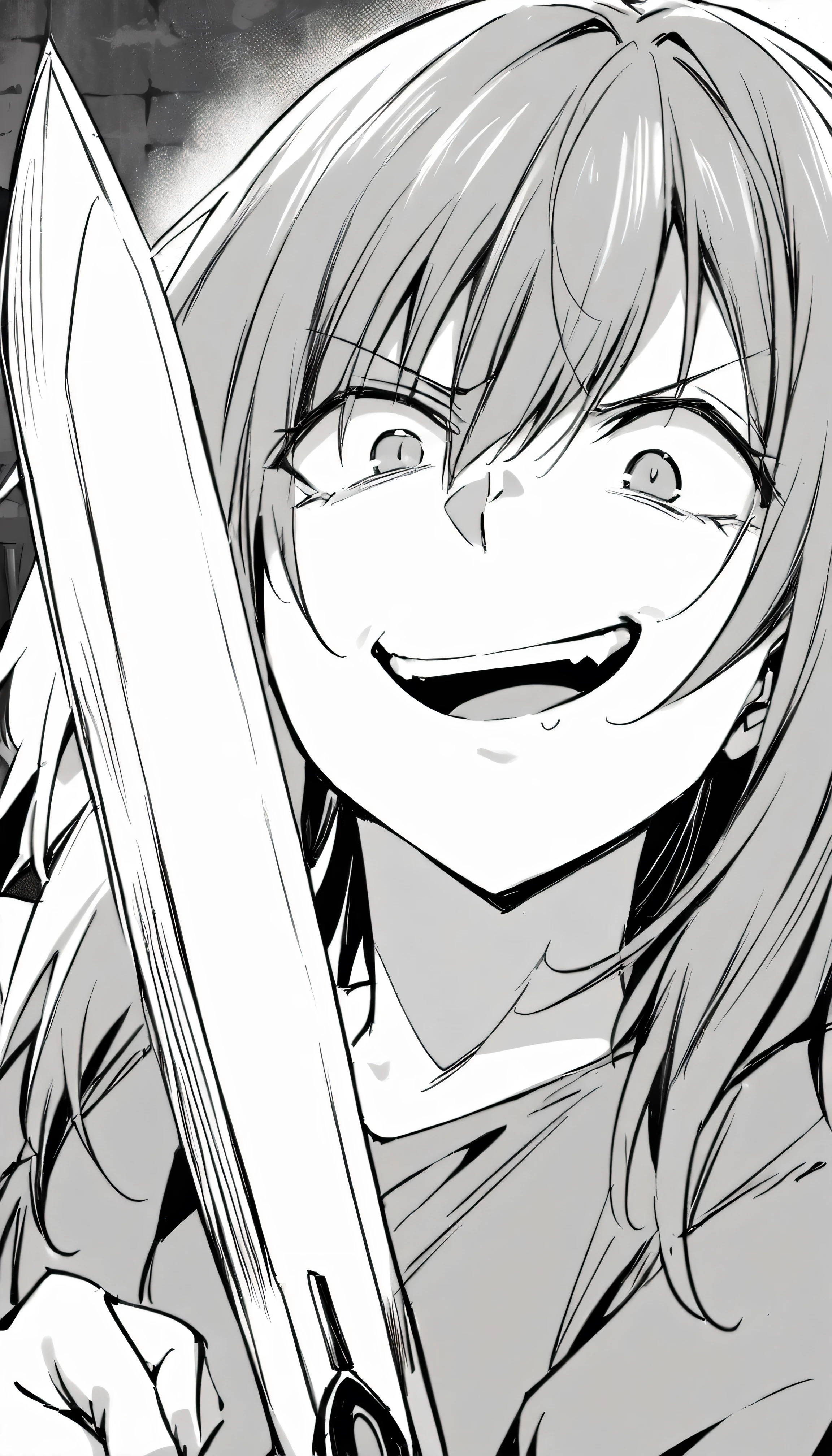 1girl looking at me, mocking smile, showing hus dark reality and laughing, pointing sword, wall in background, black and white manga image.