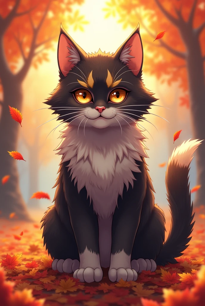 There is a cat sitting in leaves, anime cat, warrior cat fan art, realistic anime cat, cute detailed digital art, anime art wallpaper 4K, anime art wallpaper 4K, beautiful digital artwork, cute digital painting, 4K detailed digital art, 4K highly detailed digital art, very, very beautiful furry art, cute cat anime vision, picture color richer, cat eyes full color.