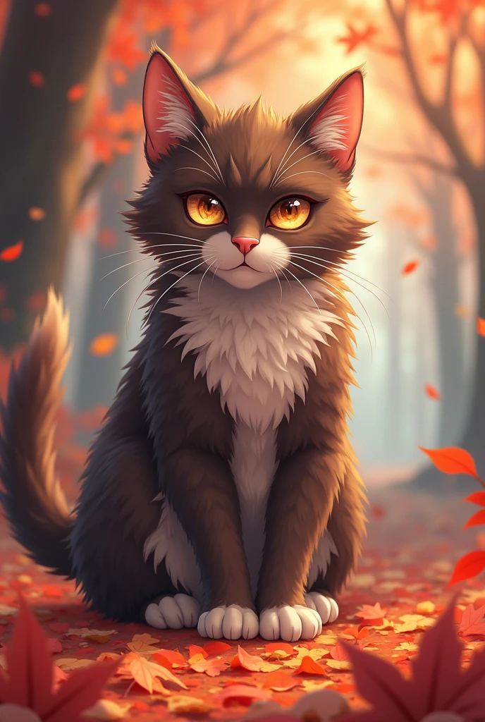 There is a cat sitting in leaves, anime cat, warrior cat fan art, realistic anime cat, cute detailed digital art, anime art wallpaper 4K, anime art wallpaper 4K, beautiful digital artwork, cute digital painting, 4K detailed digital art, 4K highly detailed digital art, very, very beautiful furry art, cute cat anime vision, picture color richer, cat eyes full color.