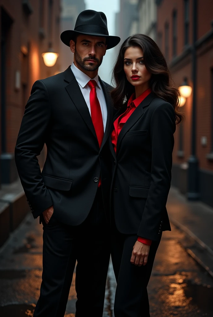Create a black man in a suit and black hat with a red tie, from beside, make a woman in a black suit with red details. Do both in a dark street