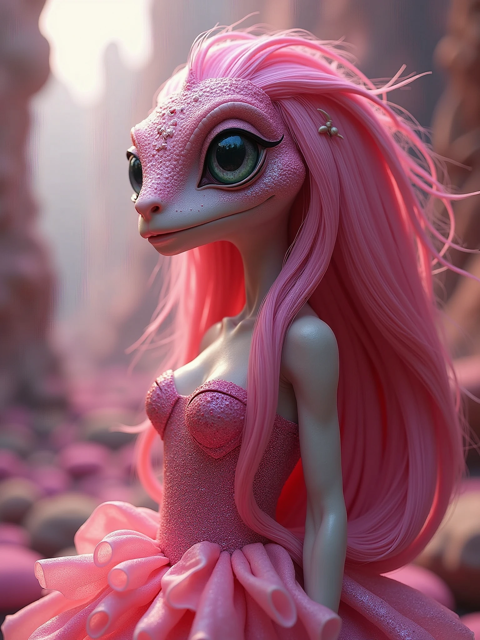 a reptilian alien with long pink hair and pretty dress in the style of Barbie, vibrant barbie world, surreal, matte, concept art, dreamcore, sharp, textures and depths, 8k, UHD, intricate details, by Hsiao Ron Cheng and James Jean and Victo Ngai and Tim Okamura and Alex Gray