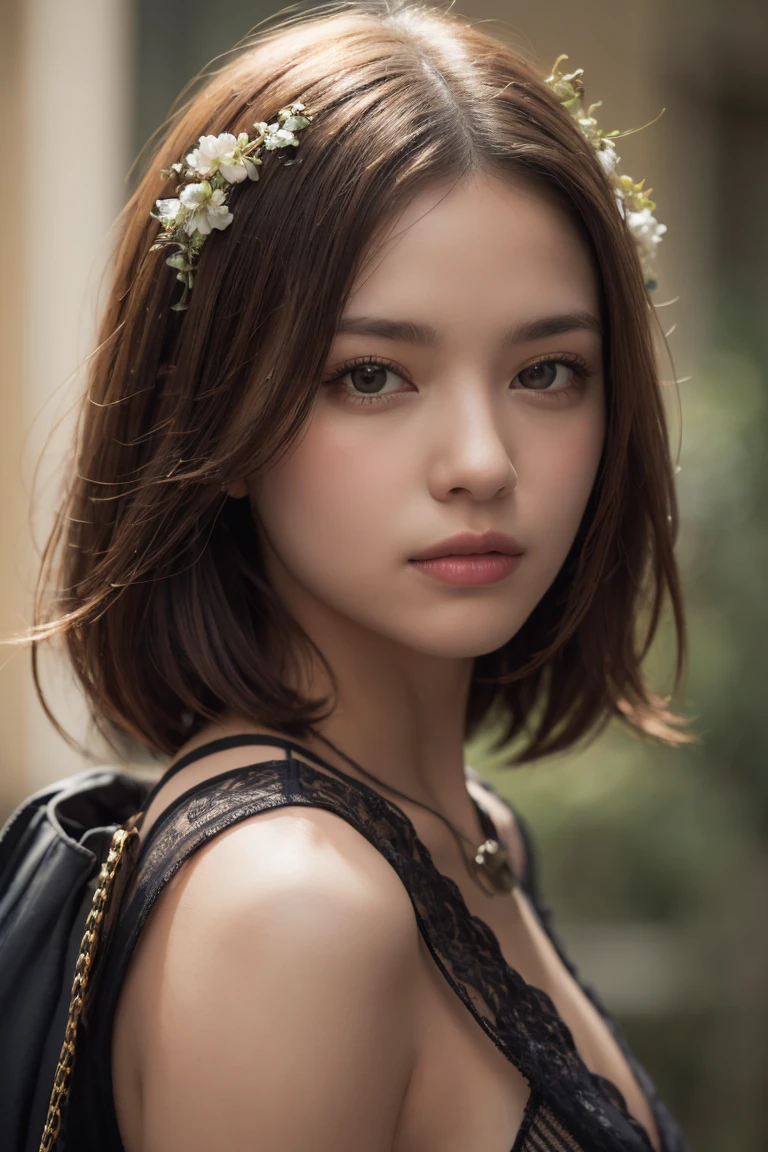 masterpiece, Highest quality, Very detailed, 8k, Realistic, one person's, alone, Tomboy, Very detailed face, (head shot:1.5), Upper Body, Standing in front of a wall covered in hip hop graffiti, Light brown pixie cut hair, She wears tight, short, A thin black tank top and a yellow hoodie with an open zipper., Very good、Reaching into the pocket of a hoodie、Close-up of a tank top revealing the nipple