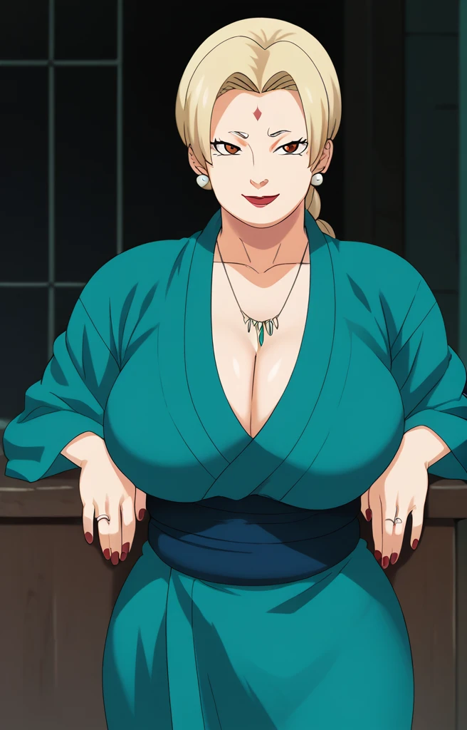 Tsunade senju,Big breast,Sagging big breast,Hitozuma,cleavage,uzumaki clan symbol in outfit,Wringkle,wedding ring,Sleeve outfit,old lady,Wringkle in face,Grandma who still have sexy body,Gilf,standing,potrait,Uzumaki tsunade,Plump,Sleeve,Wide hips,1girl,Solo,Tsunade necklace,Shirt with cleavage And uzumaki clan symbol,Double chin,big green Pearl earring,undercut fade hair