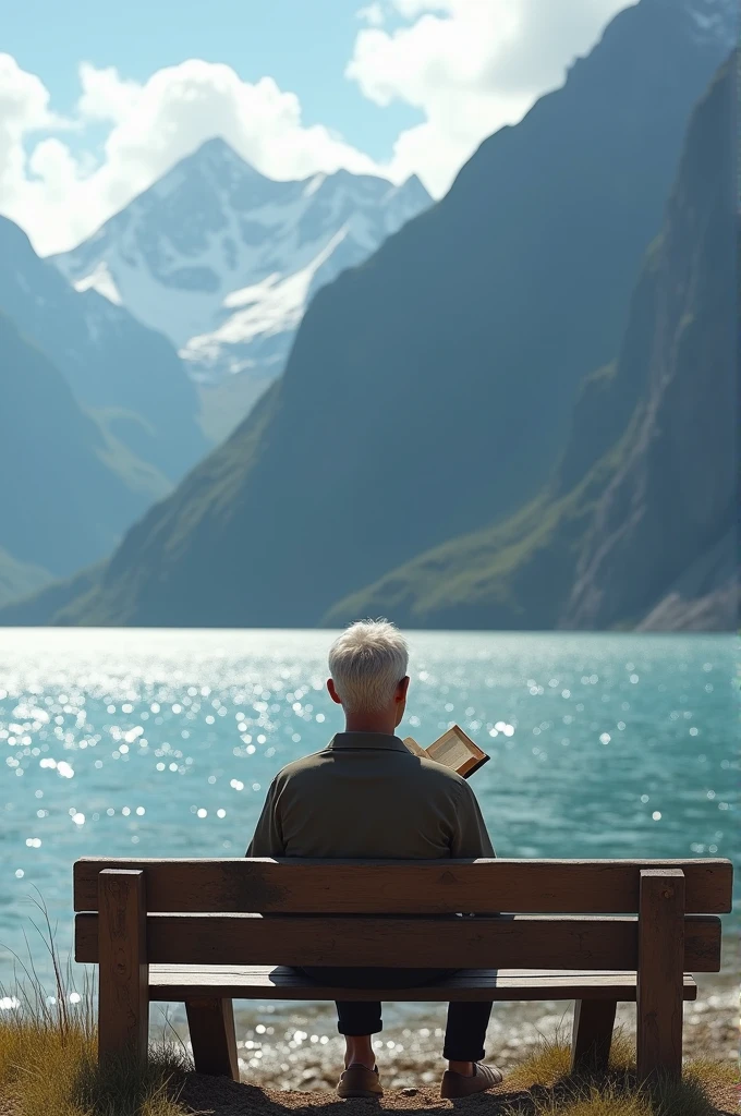 A man sitting in a bench reading book. Infornt of him a beautiful sea and a huge mountain