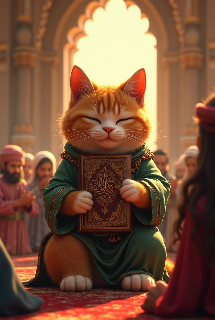 A big cute hppy cat hand Qur'an and his crying and his wearing Dubai cloth and others people pray namaz 