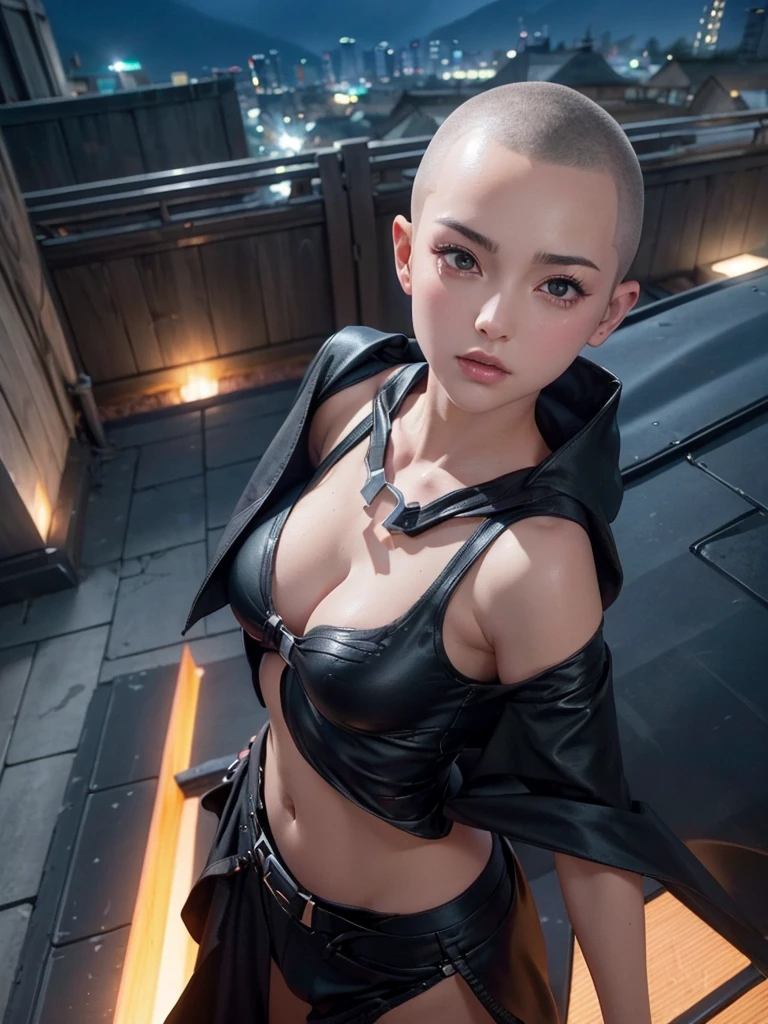kurosaki mea、((No hair, Shaved head, Buzz cut hair)), 最high quality、high quality,, Ultra-realistic, ((Masseter muscle area)), ((High resolution)), ((最high quality)), detailed, ((Glowing Skin:1.2)), (Black Bondage, Waist Cloak, Black shorts), Voluptuous bust:1.4, Big Breasts:1.4, Bare Abs, exposed navel, (View from the front、Looking at the audience:1.5)、((Rooftop at night))
