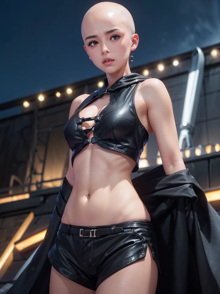 kurosaki mea、((No hair, Shaved head, Buzz cut hair)), 最high quality、high quality,, Ultra-realistic, ((Masseter muscle area)), ((High resolution)), ((最high quality)), detailed, ((Glowing Skin:1.2)), (Black Bondage, Waist Cloak, Black shorts), Voluptuous bust:1.4, Big Breasts:1.4, Bare Abs, exposed navel, (View from the front、Looking at the audience:1.5)、((Rooftop at night))