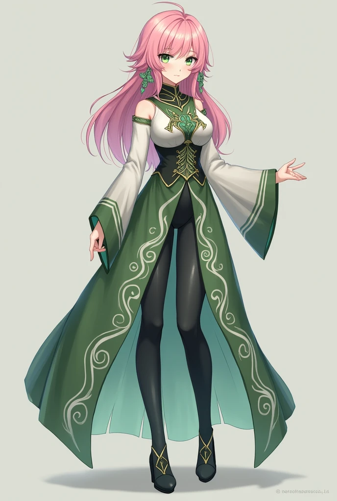 Tips Copy tips create full body female Genshin Impact character, with medium hair to the waist in pink color, Skin Fair, green eyes combined with purple, Her outerwear is a dark green bodysuit and a semi-decorated dress in green and white..
