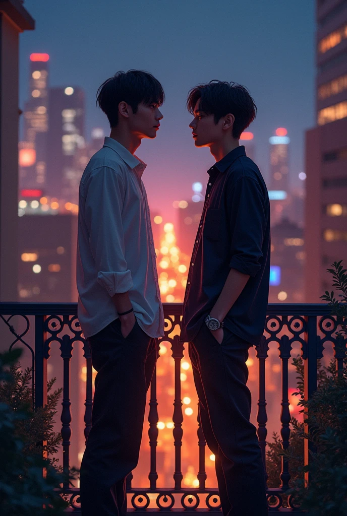 Two boys, Korean, kiss, Male focus, handsome, idol, K-pop, in the street, bang, muscle,sexy, white thong underwear, abs, topless, city