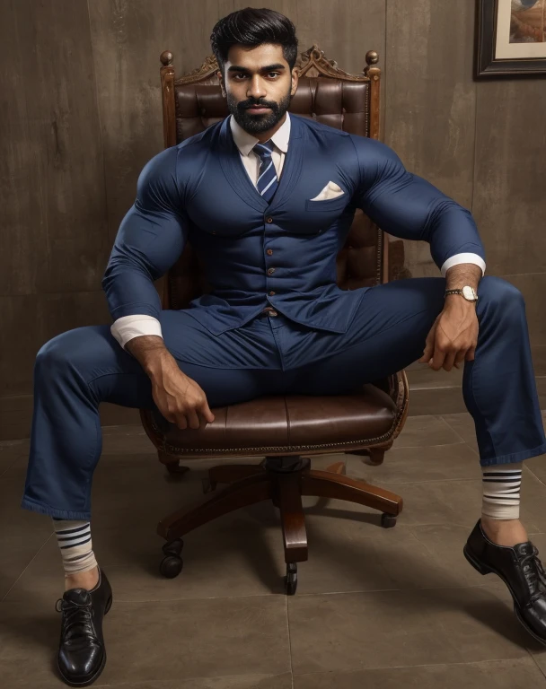 20 years old indian young boy with mustach only wrap long clothe from waist to ankle around waist only mascular dark skin jaat with huge wide muscular shoulders, wide chest, abs, masculine wide triceps, arms, biceps, big masculine legs, wide thighs, calfs, black-haired, hair falls on your face, Mesmerizing brown eyes, sitting on chair with spread legs