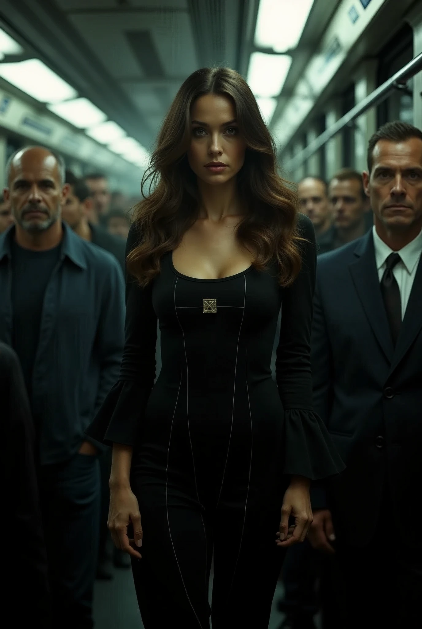 detailed, concentrated, Professional lighting, Very beautiful women, widow, long hair, curve body, black long dress(square white line motif), Full body image, Take a crowded train, Standing in the aisle, Holding the belt, Crowded inside the car, Surrounded by middle-aged men, lights from the outside window flashing her face.