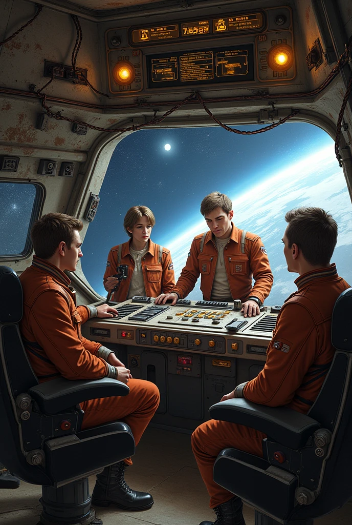 The cockpit of a rugged, well-worn spaceship, reminiscent of the Millennium Falcon, with exposed wiring, worn controls, and a mix of old and new technology. The windows offer a view of the stars and distant planets. The seats are slightly frayed but comfortable, with a control panel full of switches, levers, and glowing indicators. The three male crew members are at the front, skillfully managing the ship's controls, while the two female crew members stand nearby, checking sensors and communicating with the rest of the ship. The atmosphere is tense but familiar, as the team navigates through the galaxy, ready for any challenge that comes their way.