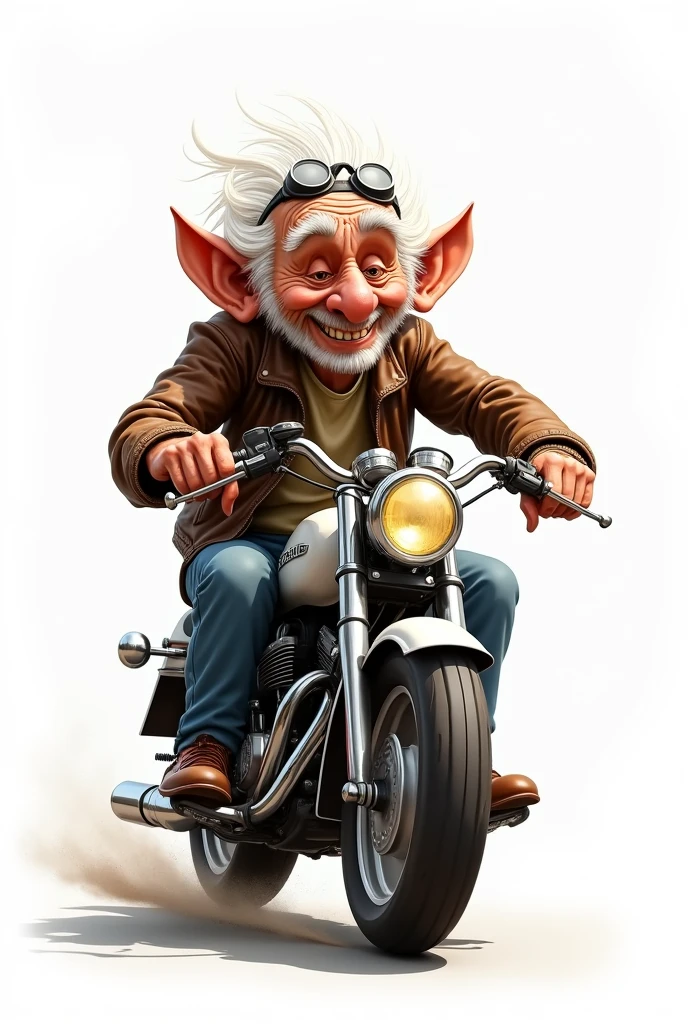 Caricature of an old man, riding a motorcycle, white background