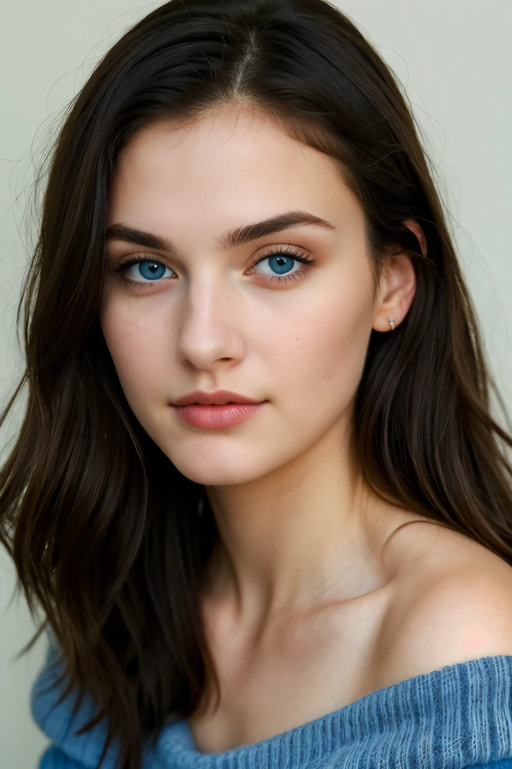 ((best quality)), ((masterpiece)), (detailed), 1girl, off-shoulder sweater, beautiful 24 year old girl, blue eyes, attractive jawline, black lose hairs, ultra realistic photography.