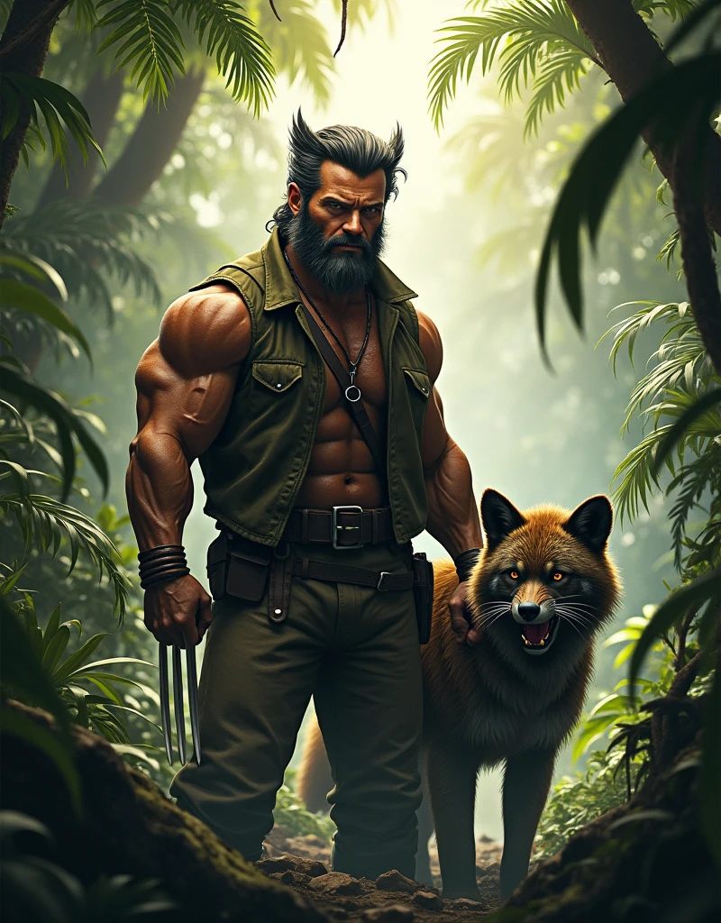 Logan an his wolverine pet at his hideout in the jungle