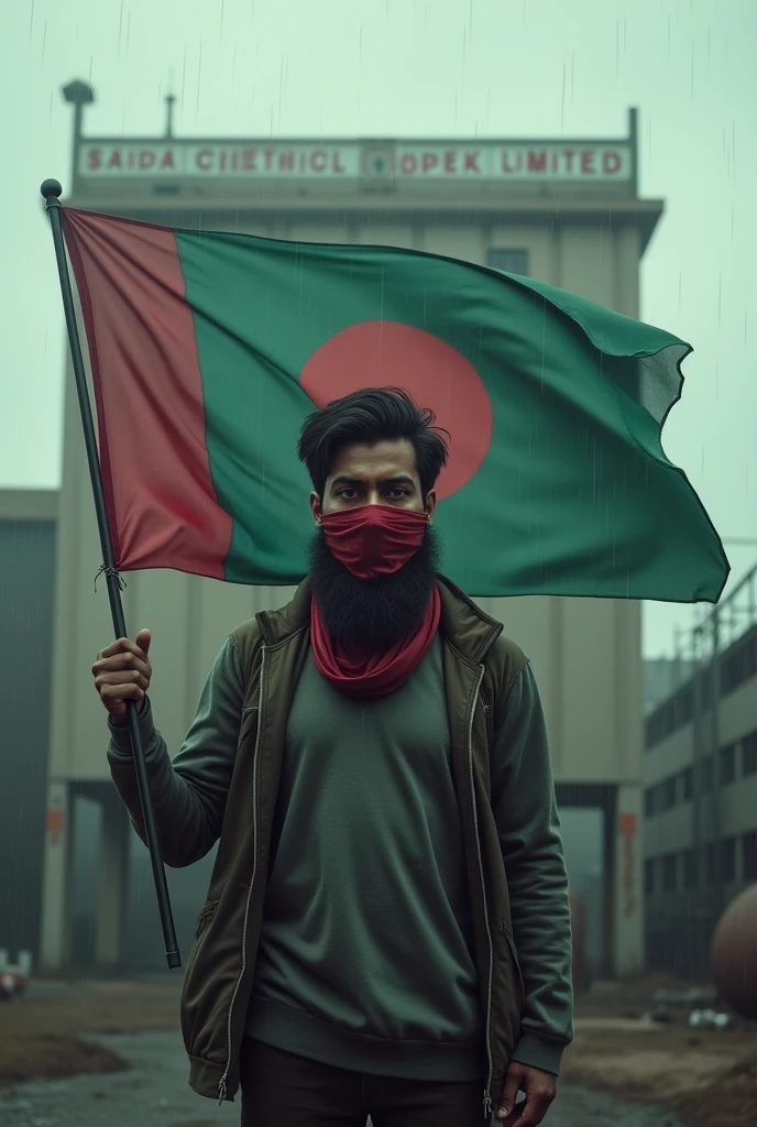 A 27 years old beard boy with read cloth in mouth & bangladesh flag in forehead with Bangladesh flag in hand in rain stand infront of a industry named in board "Samuda Chemical Complex Limited" in English letter