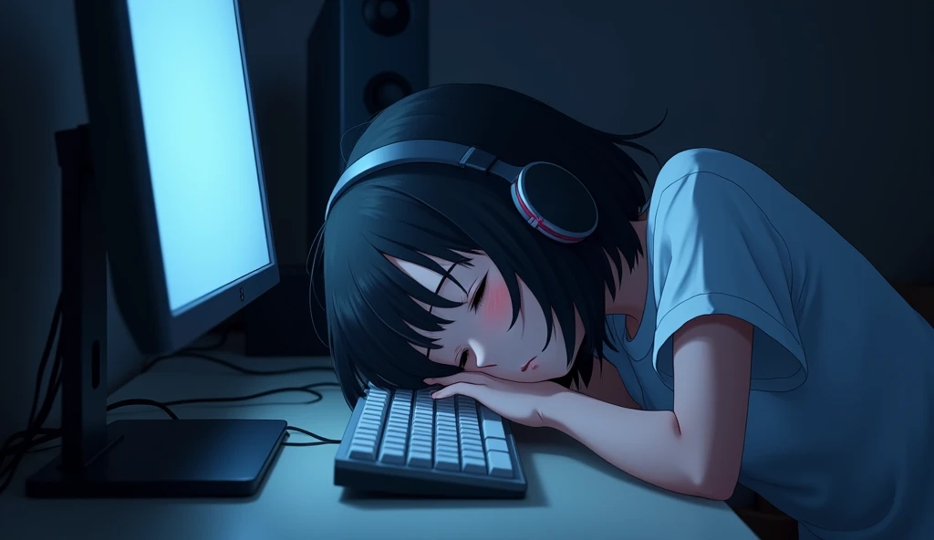 Sleeping face down on the computer desk,DTM screen,White keyboard,headphone,Girl,19 years old,Bluish black hair,Dark Room,Inside the room,Heavy round bob hair,Plain white T-shirt,Anime Style, Shooting from an oblique angle,High resolution, Anti-aliasing