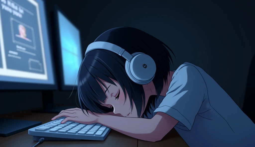 Sleeping face down on the computer desk,DTM screen,White keyboard,headphone,Girl,19 years old,Bluish black hair,Dark Room,Inside the room,Heavy round bob hair,Plain white T-shirt,Anime Style, Shooting from an oblique angle,High resolution, Anti-aliasing