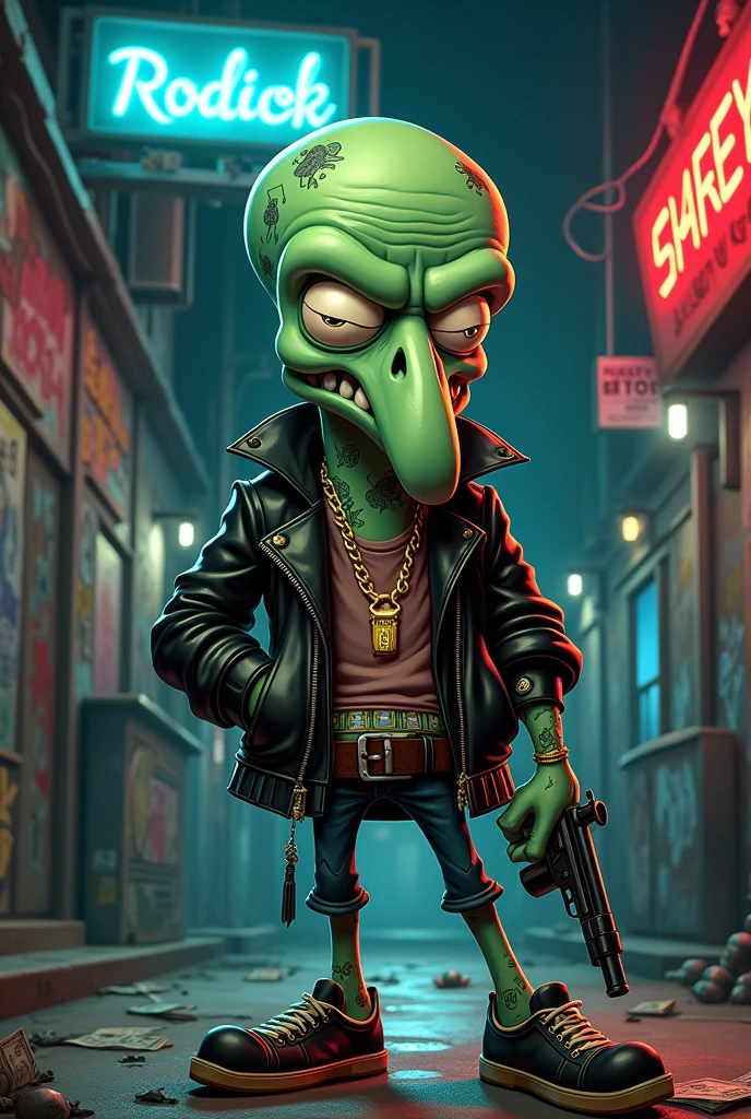 Squidward from Spongebob but a cartoonized drug dealer and more faithful., more gangster, more drug dealer and gangster