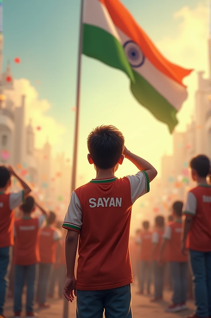 A boy is saluting the Indian flag and is wearing an Independence Day jersey. His name Sayan is written on the jersey and there is an atmosphere of joy.