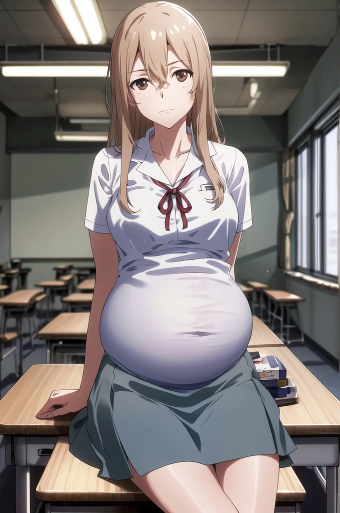 masterpiece, best quality, highres, aoki1, brown eyes, freckles, skirt, white shirt, ribbon, cowboy shot, sitting at the desk, inside the classroom, legs crossed, facing the spectator, looking at the viewer, dark atmosphere, pregnant, pregnant belly, Belly 