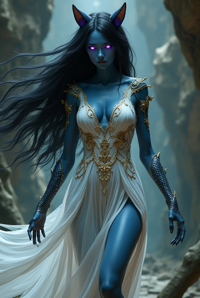 A woman with horn. She has long black hair. Her skin is blue. Purple cat eyes. White and gold dress. Scaled arms. Her feet look like horse hooves.