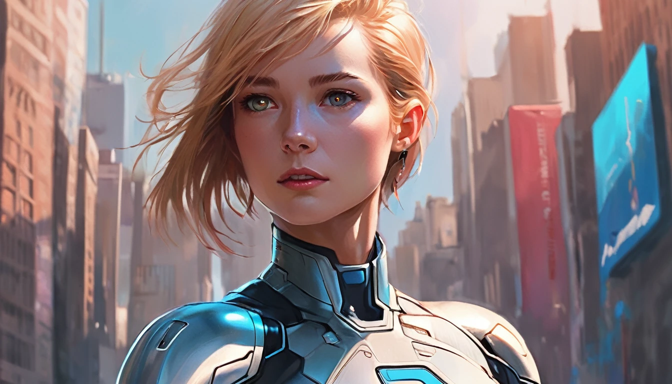 woman's waist up anncmtru, like Sue Richards from Fantastic Four, sci-fi, highy detailed, digitalpainting, art station, conceptual artwork, sharp focus, illustration, art by Tony Sart and artgerm and Randy Vargas