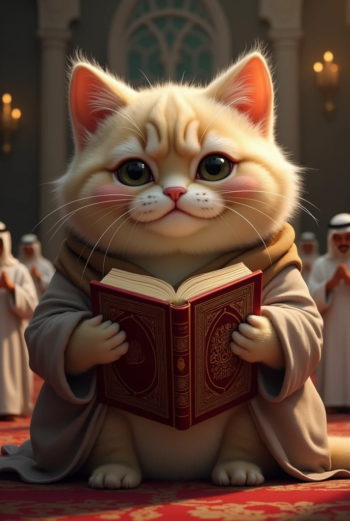 A big cute hppy cat hand Qur'an and his crying and his wearing Dubai cloth and others people pray namaz 