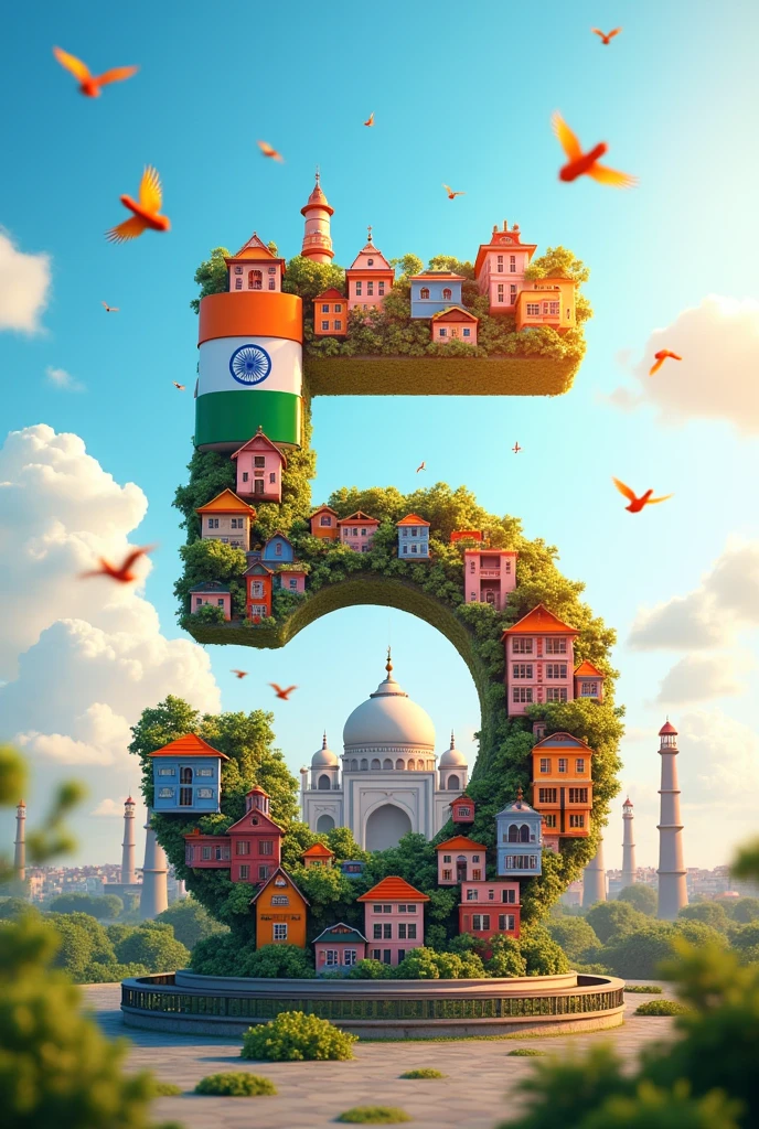 3D realistic letter of India capital city real colour of buildings with letter sunny and flag with Indian flag colour background birds and clouds and name Happy independence day 15 August text written in the background 4K quality realistic image