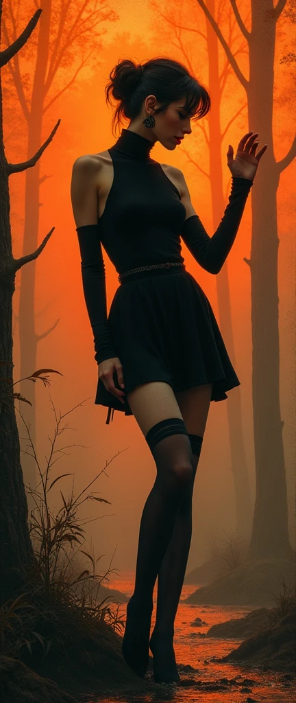 70s setting, grainy analog film, abstract art, stylish legend, artwork, conceptual art, drama, chase victim, stuck in bog,high-neck style, closed dress, short mini-dress, hips, high-neck dress, aristocratic hairstyle, stockings with garters, red lips, goth, aristocratic behaviour, touches herself sensually, orange black,
