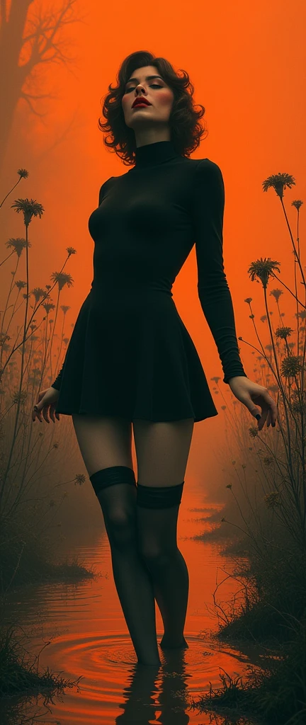 70s setting, grainy analog film, abstract art, stylish legend, artwork, conceptual art, drama, chase victim, stuck in bog,high-neck style, closed dress, short mini-dress, hips, high-neck dress, aristocratic hairstyle, stockings with garters, red lips, goth, aristocratic behaviour, touches herself sensually, orange black,