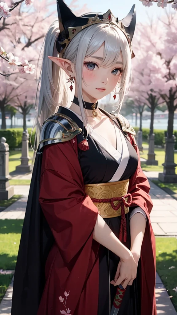 One person， Wear 鎧， lotus leaves， Highest quality， Master， （Full Body Lesbian：1）， expensive， Nice face， hair ornaments， （Mid-breasted： 1.8） （solo：1）， View your viewers， lips， Shift dress， Order of healing， Choker Necklace， gem， （Ridiculously long hair： 1.4）， Elf Ears,  Ear Rings， Brown skin,  kimono， building， Japanese Castles， Red Armor， （Hentai Realism：1.5）， Ultra-high resolution， Highest quality， Shameful blush， Hairline， Arms back， （Expressive hair：1.4） ，Perfect Body Proportions，7 shows ，Sword in hand，Red Armor，daughter，Sword in right hand，Helmet in left hand,  （Very delicate and beautiful work），Best image quality，masterpiece，Cherry Blossom Rain，Cherry tree，Petals falling，The face is clear，（Exquisite facial features），Unparalleled beauty，Beautiful age girl，Brown-eyed，The highlights are obvious，完成度がexpensive，The details are endless，gemのような目，Blush Lash，Beautiful Face，Facial Makeup，Putting on makeup，（Very nice CG），Silver hair ponytail，Silver White Veil，Best image quality，Clothing of Medieval Japan，Armor