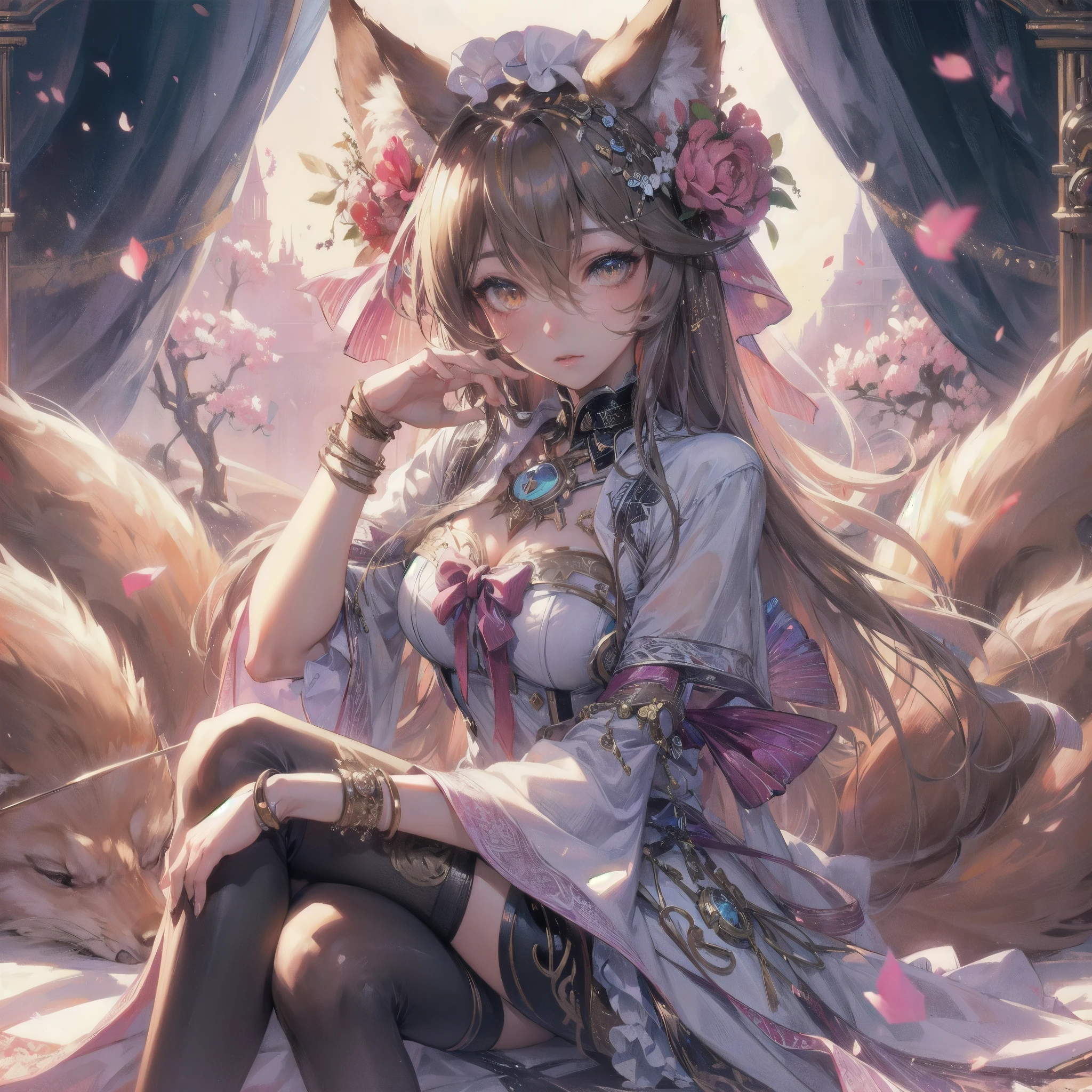 masterpiece, (textured skin), best quality, gorgeous beautiful, (a beautiful girl,wolf ears),detailed clothes,large breasts,narrow waist,, (beautiful face), cinematic lighting, (fantasy anime art ),