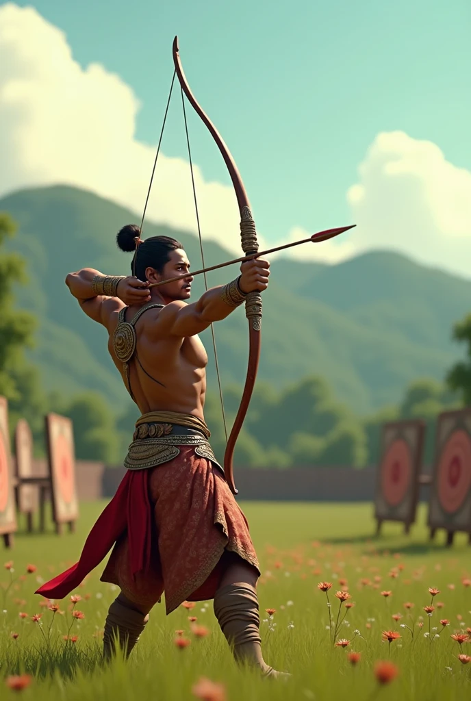 In Cinematic 3D style"Arjun practicing archery, hitting bullseyes with incredible precision"