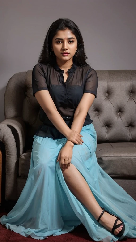South Indian women, wearing light blue colour chiffon transparent shiny skirt and black chiffon shirt 