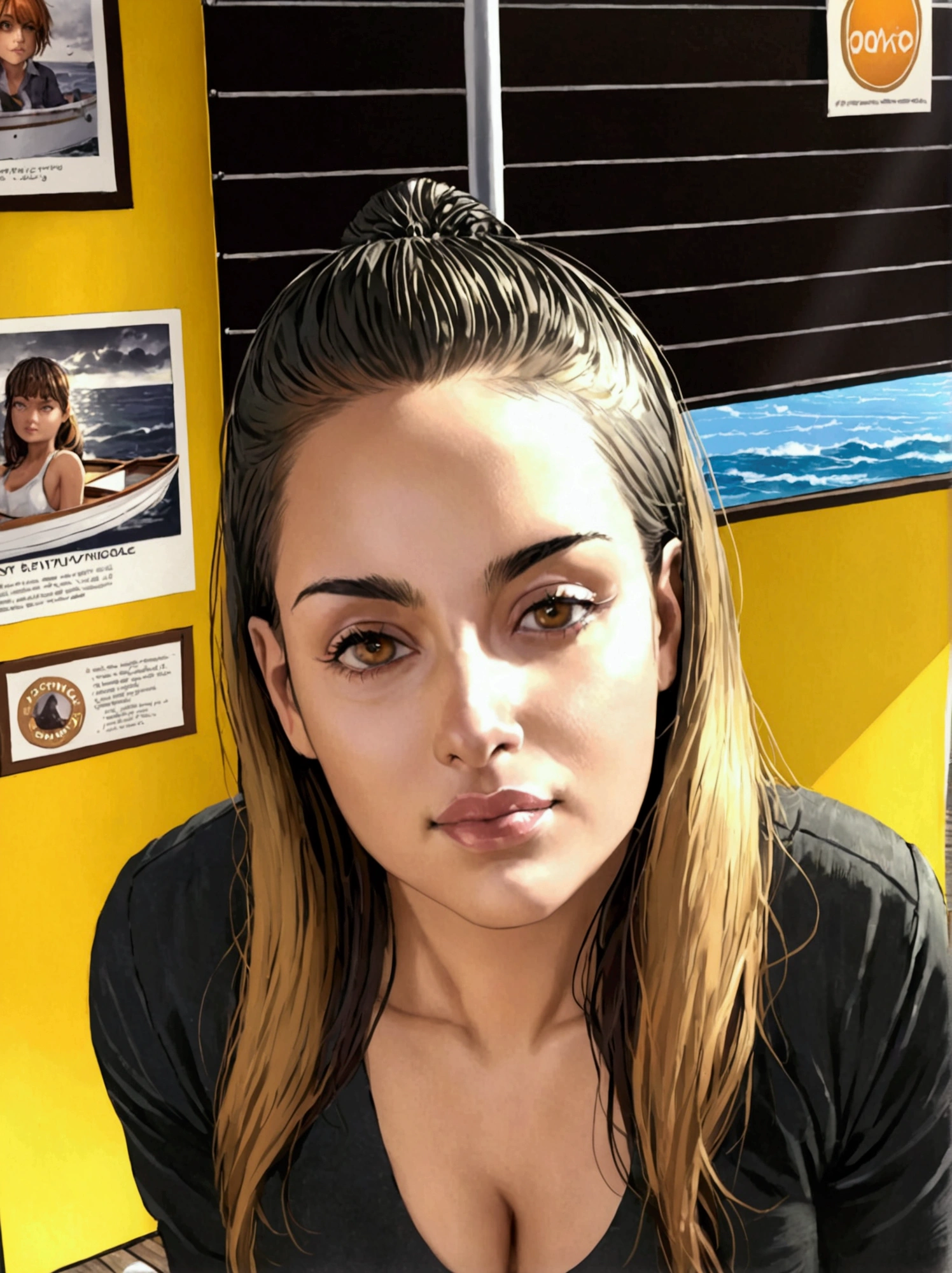 (photorealism: 1.2), a 39-year-old woman, round face, expressive with a few wrinkles, brunette and some gray hair, round hair tied at the top, a small forehead, a long face, a pointed nose, green-brown eyes, a medium chest, standing at the bow on a beautiful boat in the middle of the pacific. A ray of sunlight shines on her, she tans and enjoys the moment of solitude. pacific ocean landscape. Ultra detailed, ultra realistic, cinematic, 16k