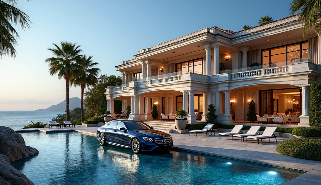 luxury mansion with a mercedes parked in front of it, behind sea, luxury pool, luxury lifestyle, luxurious environment, luxury architecture, rich, huge mansion, rich style, luxury and elite, extremely opulent, luxurious, hyper luxurious, majestic masterpiece, wealthy, luxury, stunning grand architecture, exquisite masterpiece, flaunting his wealth, inside a grand, architectural masterpiece