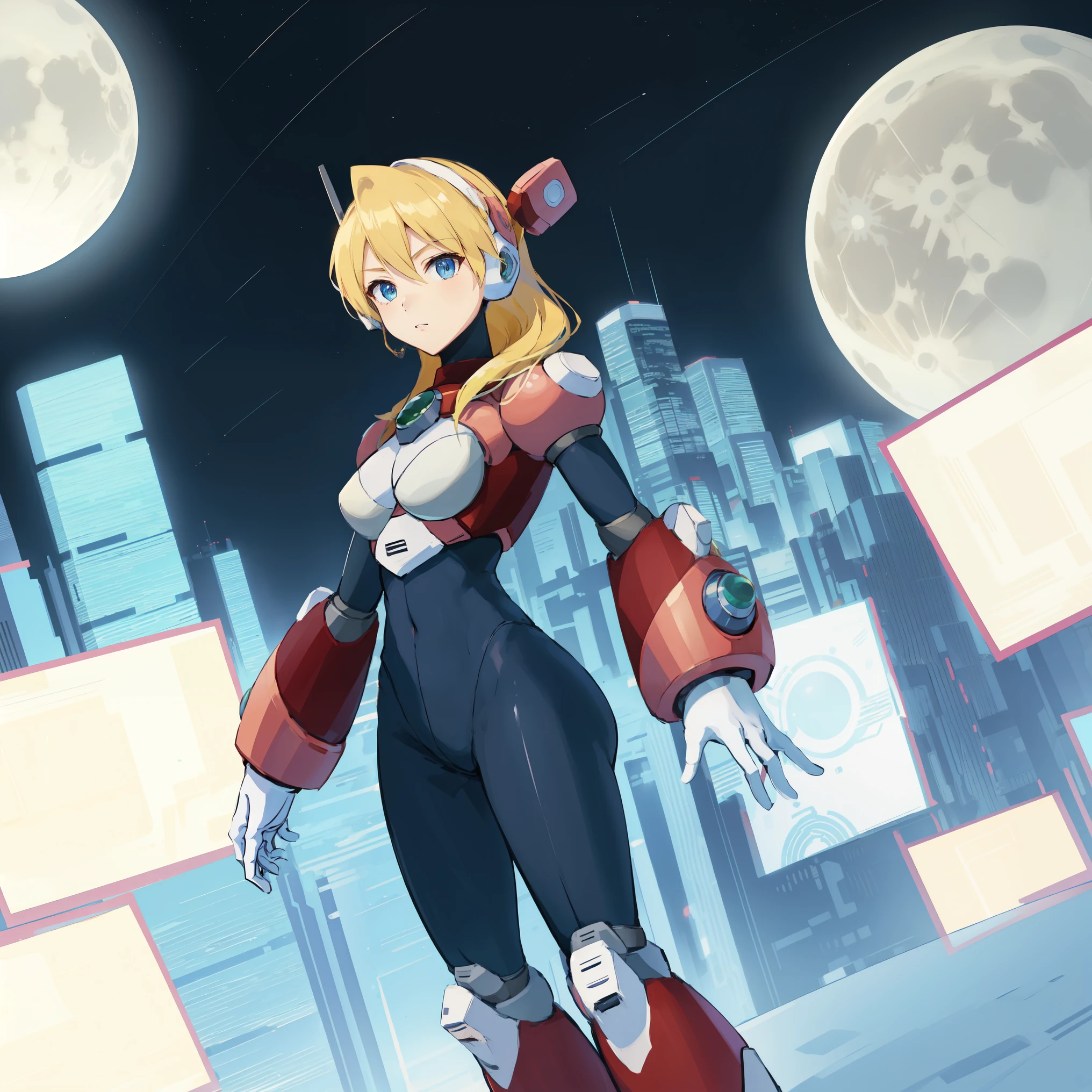 alia_megamanx, 1girl, solo, breasts, blue eyes, blonde hair, android, long hair, robot ears, high quality, masterpiece, standing on a moonlit background with city in sky background