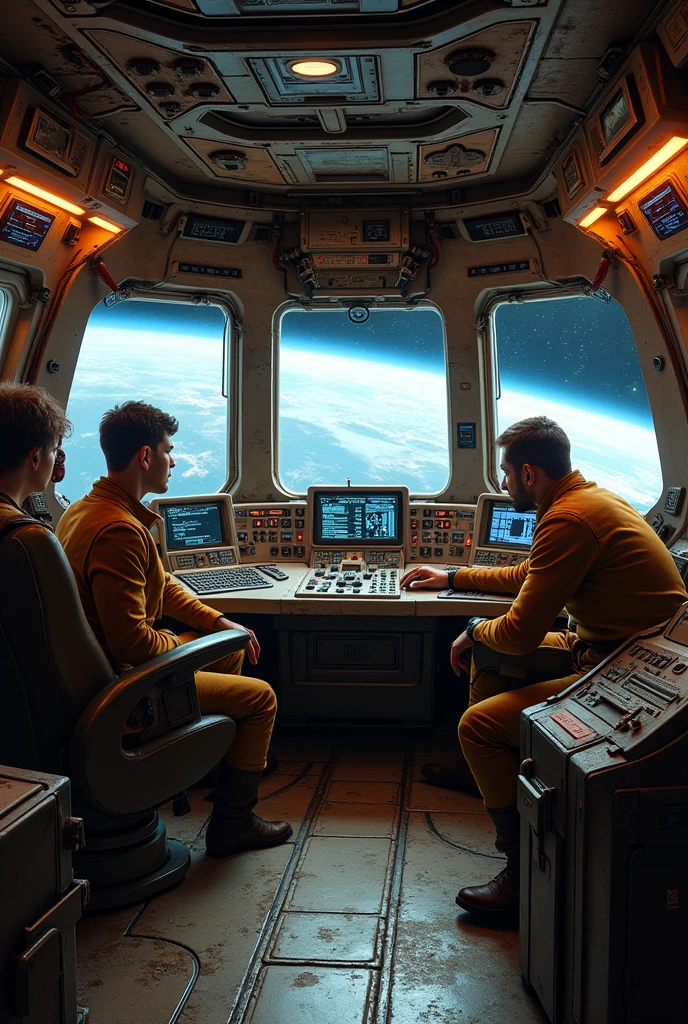 The cockpit of a rugged, well-worn spaceship, reminiscent of the Millennium Falcon, with exposed wiring, worn controls, and a mix of old and new technology. The windows offer a view of the stars and distant planets. The seats are slightly frayed but comfortable, with a control panel full of switches, levers, and glowing indicators. The three male crew members are at the front, skillfully managing the ship's controls, while the two female crew members stand nearby, checking sensors and communicating with the rest of the ship. The atmosphere is tense but familiar, as the team navigates through the galaxy, ready for any challenge that comes their way.