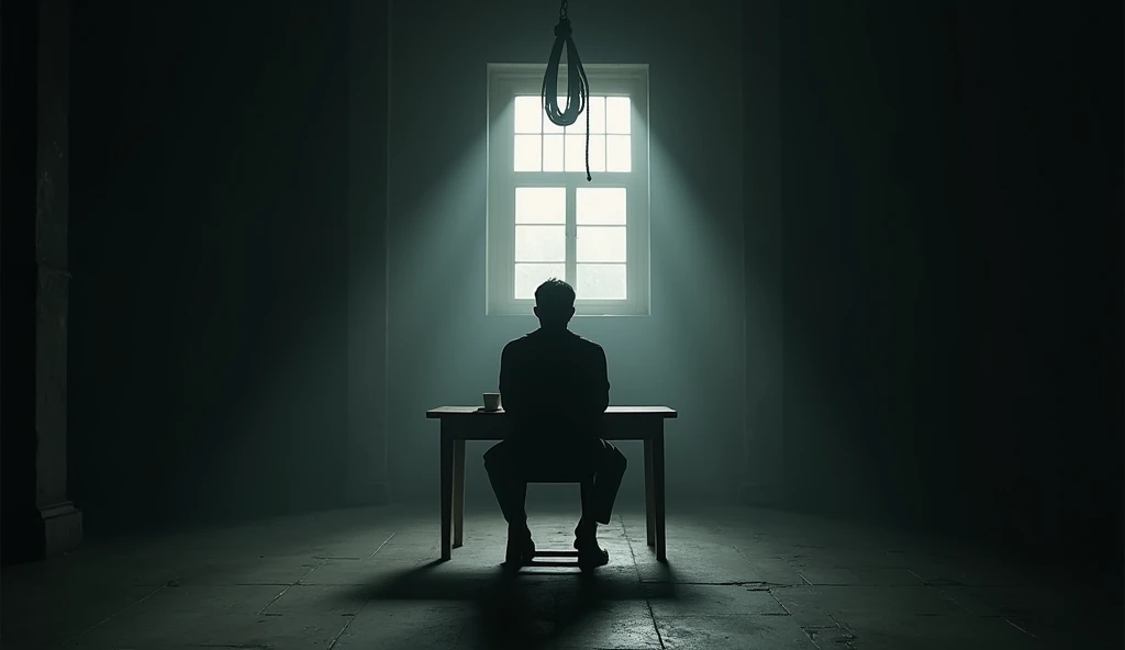 A top of the stool sitting man ready to suiciding in a dark wide room with hang up 
And a table in front of window 