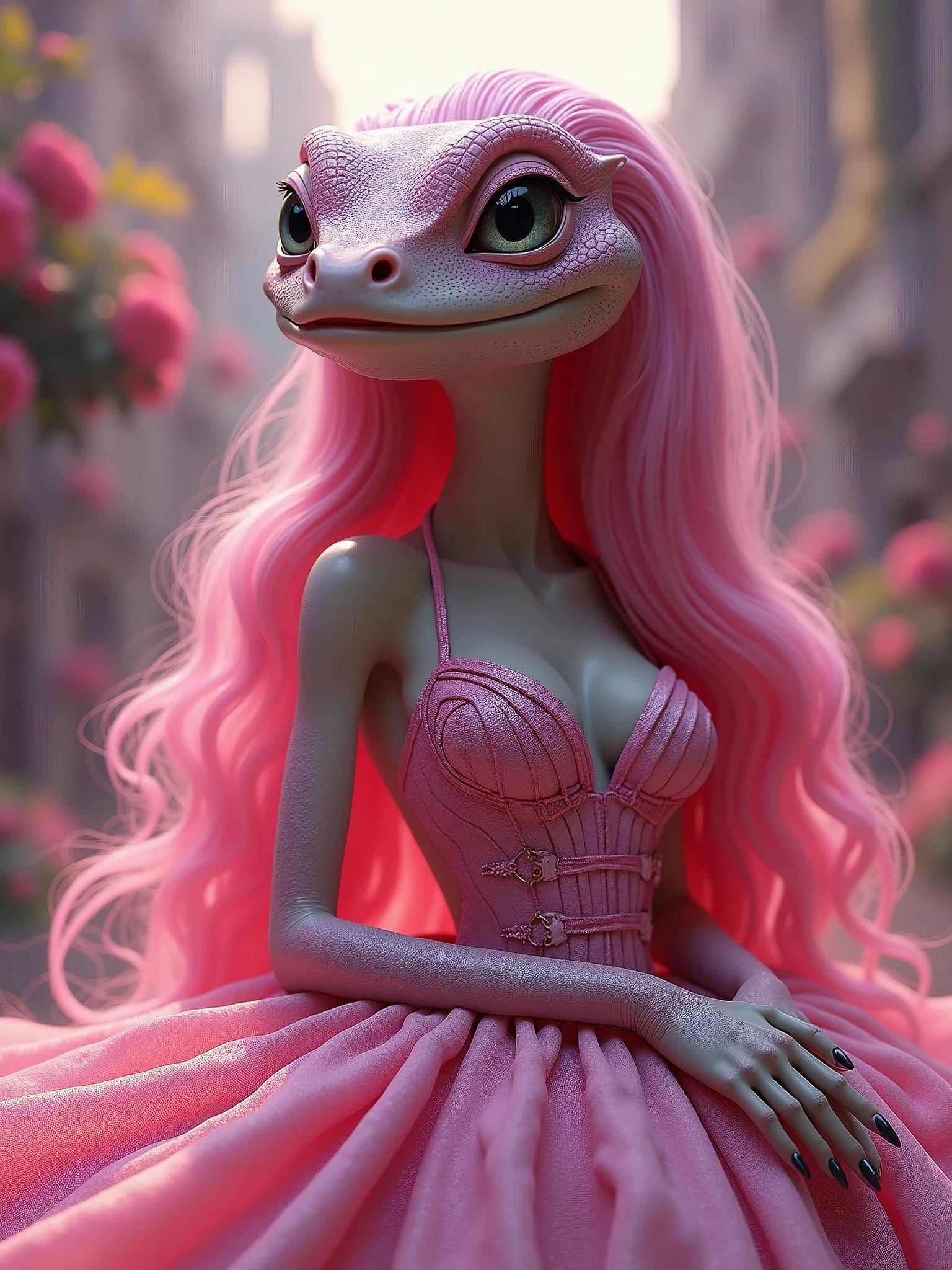 a reptilian alien with long pink hair and pretty dress in the style of Barbie, vibrant barbie world, surreal, matte, concept art, dreamcore, sharp, textures and depths, 8k, UHD, intricate details, by Hsiao Ron Cheng and James Jean and Victo Ngai and Tim Okamura and Alex Gray