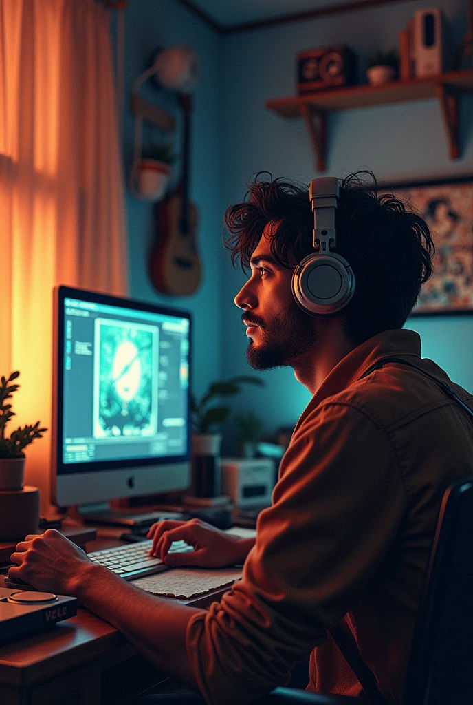 1 person,Photo of a man wearing headphones and listening to music,computer,game machine, Very detailedな, Vintage Wave, cyber punk, relax, Light coming through the window, nightの風景, One Bedroom, 2D, (Shot from a distance), Wide Shot, (Movie noise), Old cartoons, (Many records: 1.3), vinyl record store, (masterpiece, Very high quality, Very high quality, Official Art, beautifully、beautiful: 1.2), (Very detailed, (Fractal Art: 1.4 ), guitar, (Lo-fi hip hop), Side view, Old Anime Texture, alone, speaker, cyber punk, vinyl, night,Exquisite facial details,Cool guy,beautiful,masterpiece,beautiful,最高masterpiece,
