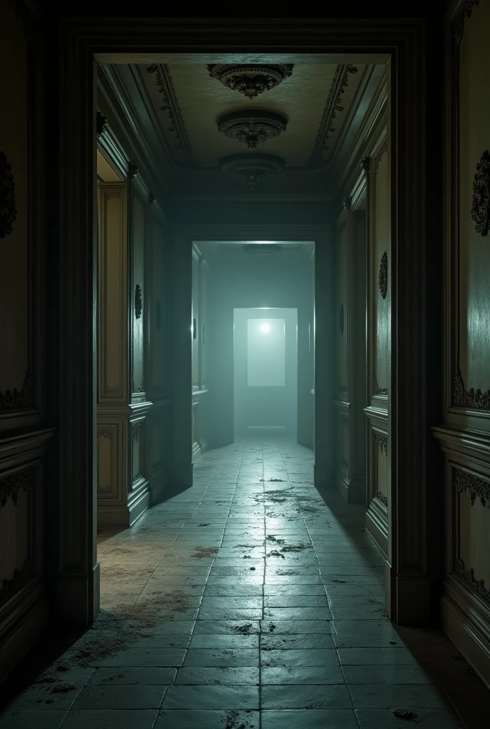 Mansion corridor dim wood dust