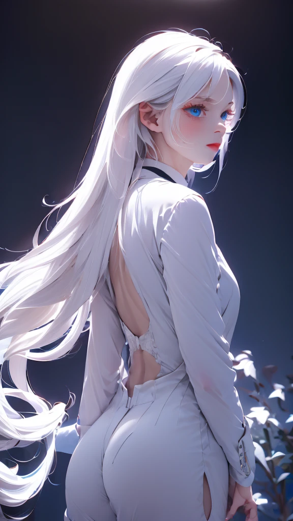 1 girl, medium light white hair, light blue eyes, wearing black suit , night city, absurdres , high res, ultrasharp, 8K, masterpiece, looking from behind