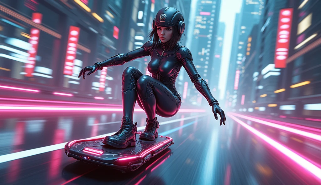 woman in a futuristic suit speeding with ((hover board)) in a city, cute cyborg girl, cyborg girl, beautiful girl cyborg wearing matching head robotic cover, face shown, cyborg - girl, cyberpunk anime girl mech, perfect cyborg female, perfect anime cyborg woman, female cyborg, cyberpunk beautiful girl, female cyberpunk anime girl, girl in mecha cyber armor, cyberpunk cyborg, cyberpunk robot, cyberpunk robotic elvish queen, contrast, HDR
