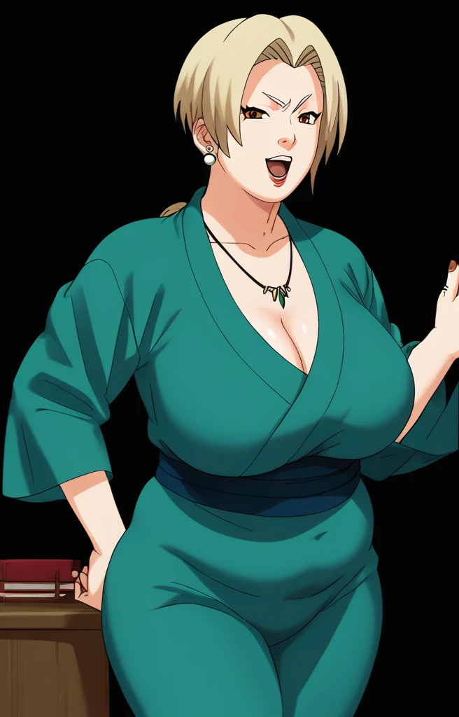 Tsunade senju,Big breast,Sagging big breast,Hitozuma,cleavage,uzumaki clan symbol in outfit,Wringkle,wedding ring,Sleeve outfit,old lady,Wringkle in face,Grandma who still have sexy body,Gilf,standing,potrait,Uzumaki tsunade,Plump,Sleeve,Wide hips,1girl,Solo,Tsunade necklace,Shirt with cleavage And uzumaki clan symbol,Double chin,big green Pearl earring,undercut fade hair,Open mouth